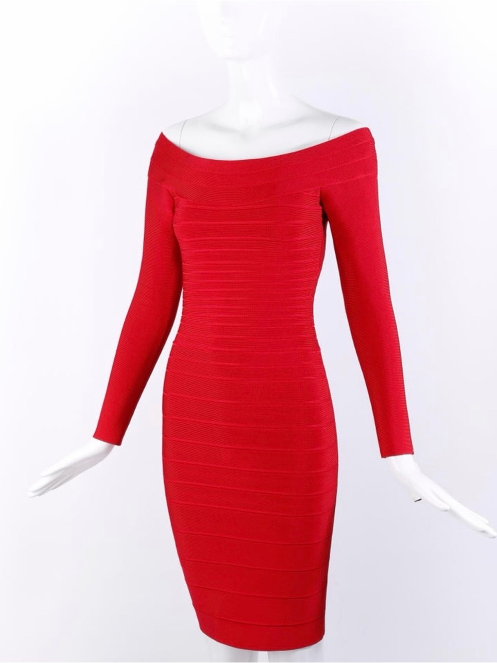 Elegant Off-Shoulder Red Long-Sleeve Bodycon Dress